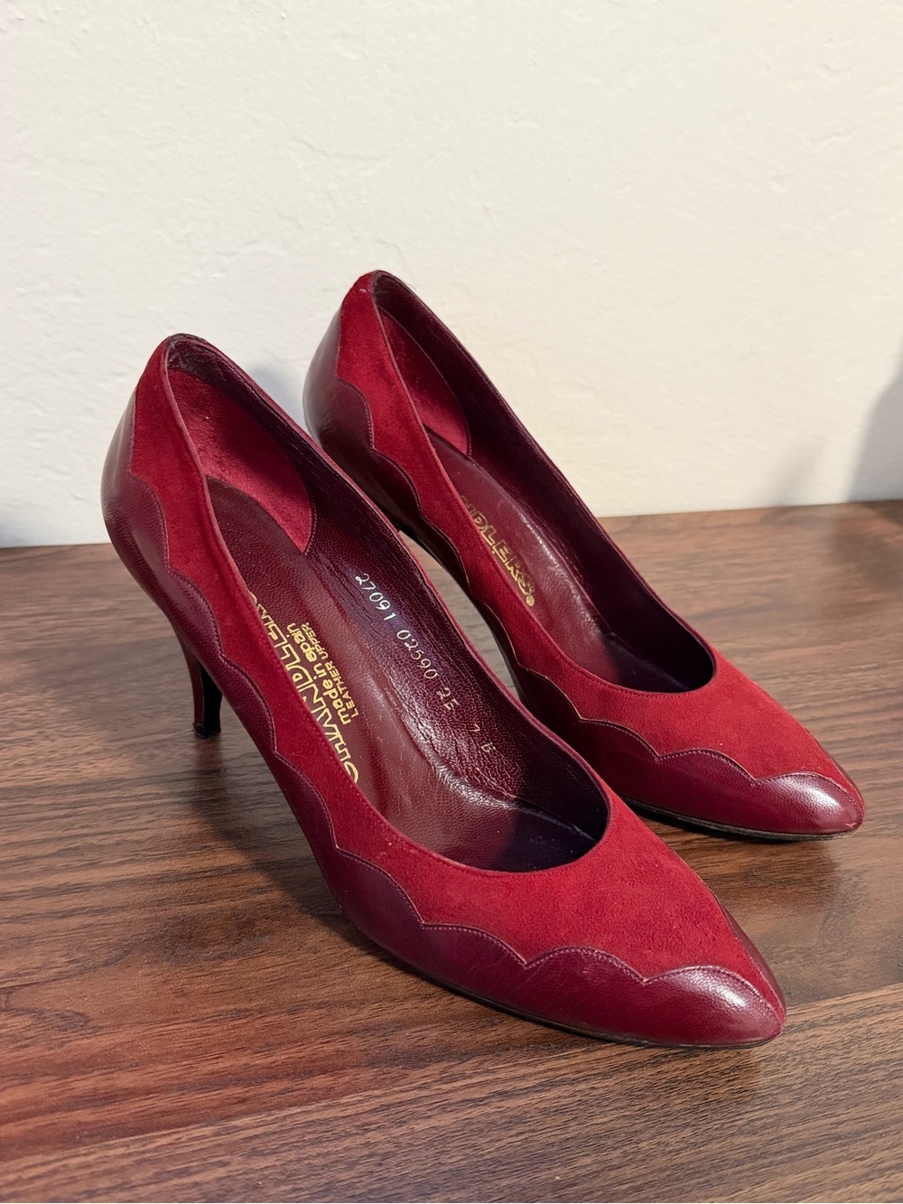 Burgundy Pointed Toe Suede & Leather Heels - Women